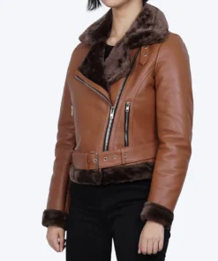 Women's Asymmetrical Cognac Brown Shearling Leather Jacket