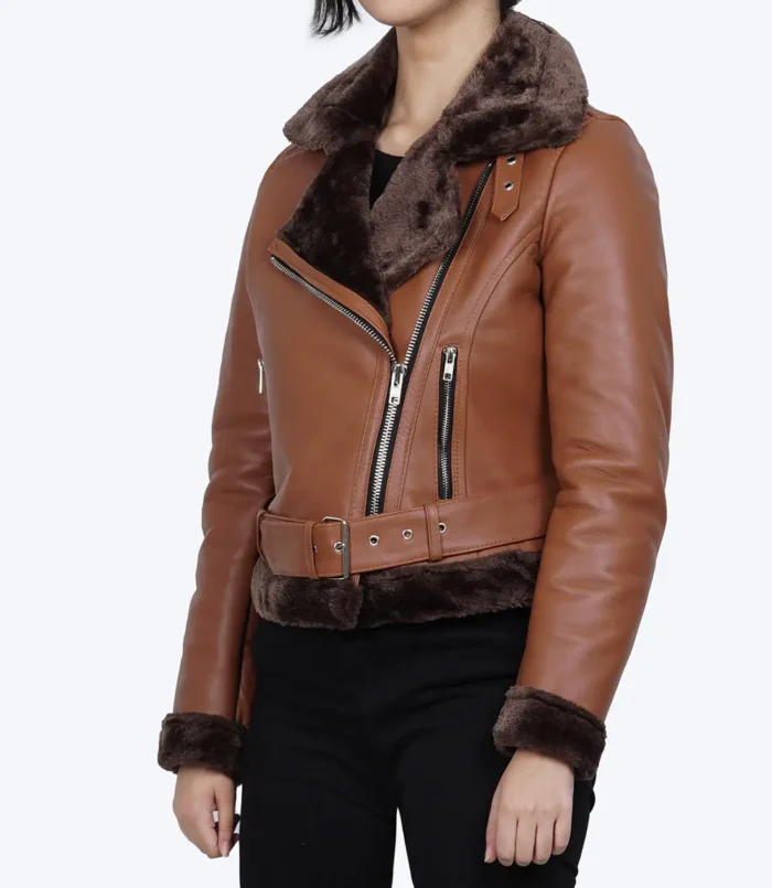 Women's Asymmetrical Cognac Brown Shearling Leather Jacket