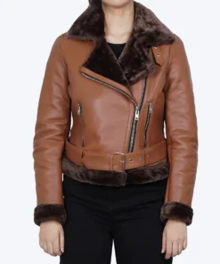 Women's Asymmetrical Cognac Shearling Leather Jacket