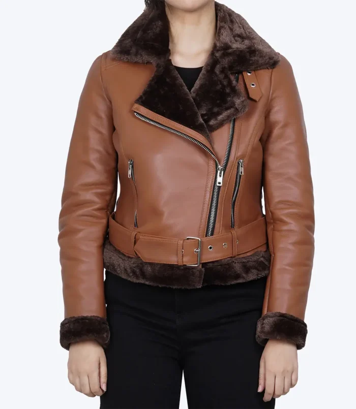 Women's Asymmetrical Cognac Shearling Leather Jacket