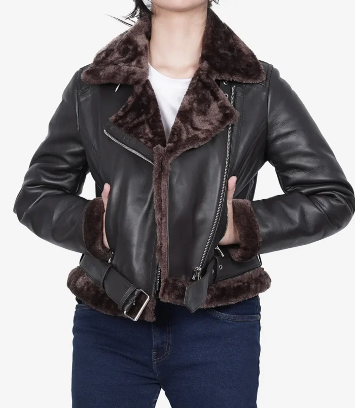 Women's Asymmetrical Dark Brown Biker Shearling Jacket