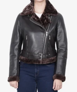 Women's Asymmetrical Dark Brown Biker Shearling Leather Jacket