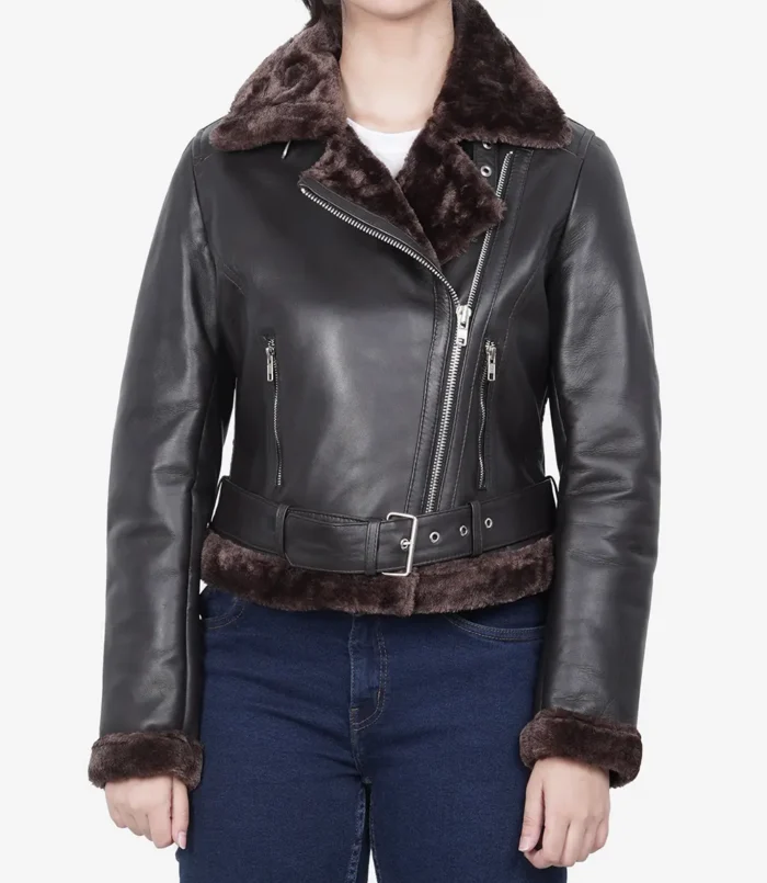 Women's Asymmetrical Dark Brown Biker Shearling Leather Jacket