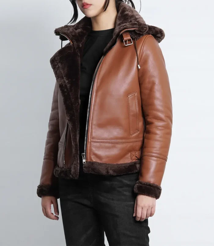 Women's Cognac Bomber Shearling Leather Jacket