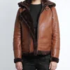 Women's Cognac Bomber Shearling Leather Jacket With Hood