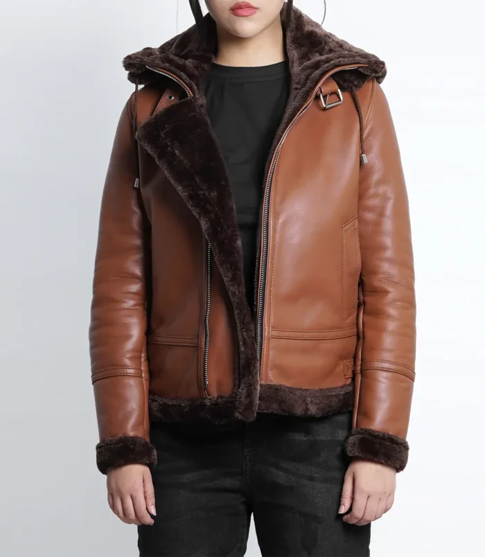 Women's Cognac Bomber Shearling Leather Jacket With Hood