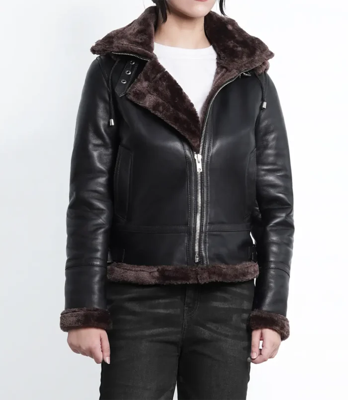 Women's Dark Brown Bomber Shearling Leather Jacket