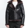 Women's Dark Brown Bomber Shearling Leather Jacket With Hood