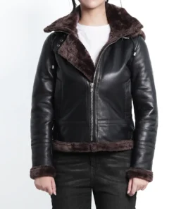 Women's Dark Brown Bomber Shearling Leather Jacket With Hood