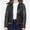 Women's Dark Brown Leather Hooded Shearling Jacket