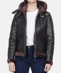 Women's Dark Brown Leather Hooded Shearling Jacket