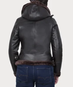 Women's Dark Brown Shearling Hooded Bomber Leather Jacket