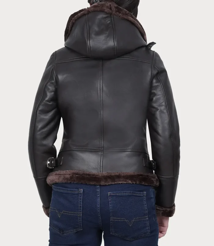 Women's Dark Brown Shearling Hooded Bomber Leather Jacket