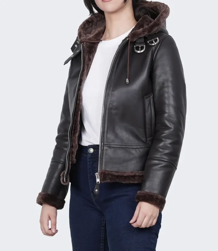 Women's Dark Brown Shearling Hooded Leather Jacket