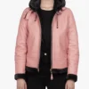 Women's Pink Leather Hooded Shearling Jacket