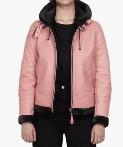 Women's Pink Leather Hooded Shearling Jacket