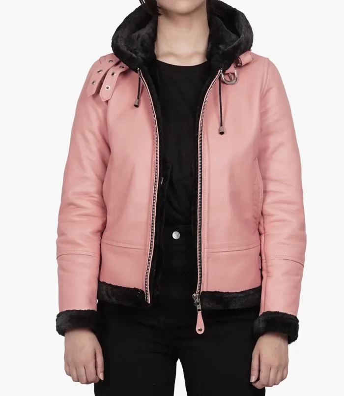 Women's Pink Leather Hooded Shearling Jacket