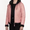 Women's Pink Shearling Hooded Bomber Leather Jacket