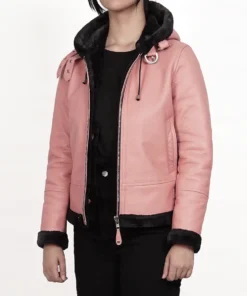 Women's Pink Shearling Hooded Bomber Leather Jacket