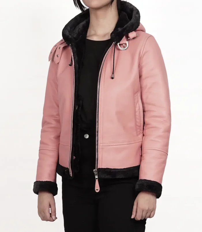 Women's Pink Shearling Hooded Bomber Leather Jacket