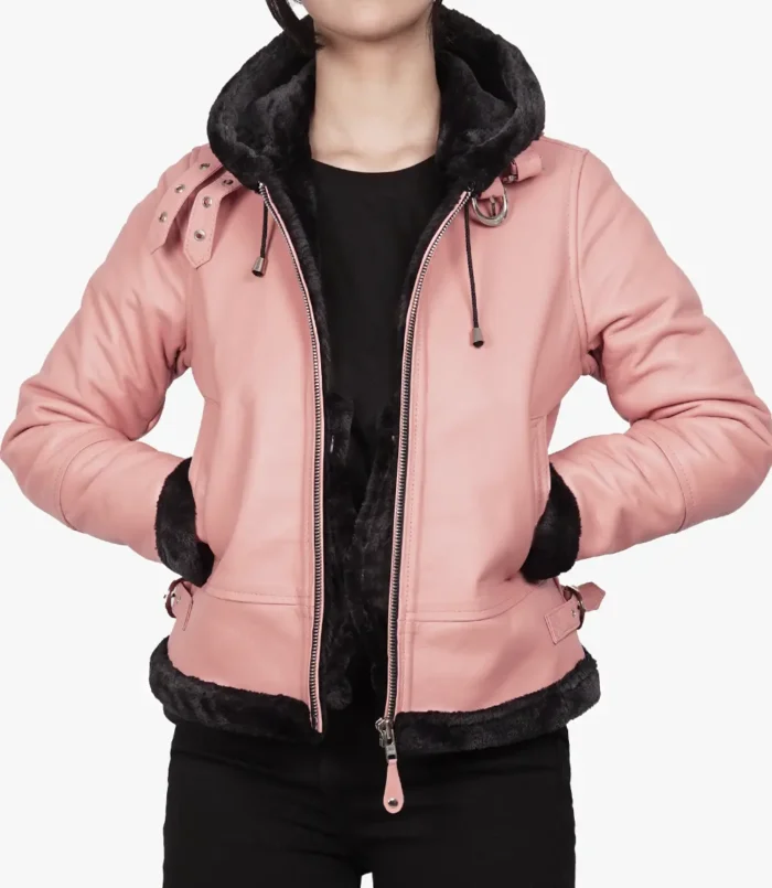 Women's Pink Shearling Hooded Leather Jacket