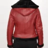 Women's Red Bomber Shearling Leather Hooded Jacket