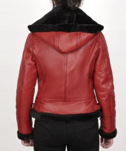 Women's Red Bomber Shearling Leather Hooded Jacket