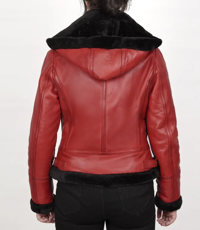 Women's Red Bomber Shearling Leather Hooded Jacket