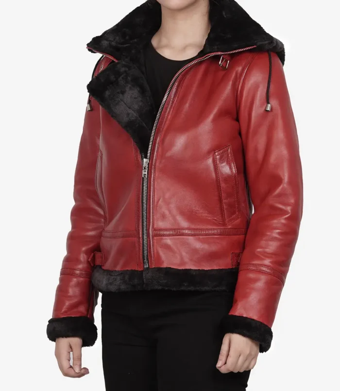 Women's Red Bomber Shearling Leather Jacket