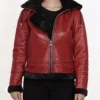 Women's Red Bomber Shearling Leather Jacket With Hood