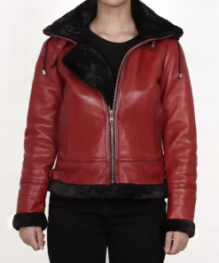 Women's Red Bomber Shearling Leather Jacket With Hood