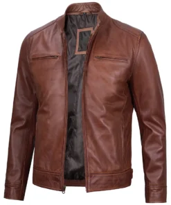 Dodge Men's Cognac Cafe Racer Leather Jacket