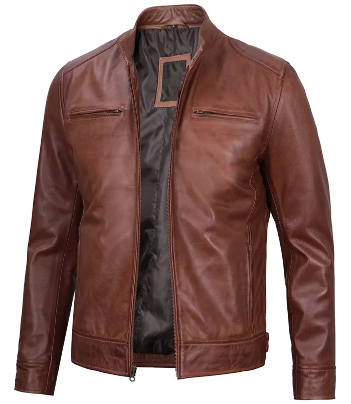 Dodge Men's Cognac Cafe Racer Leather Jacket