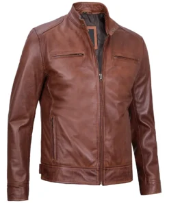 Dodge Men's Cognac Racer Brown Leather Jacket