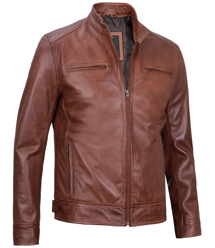 Dodge Men's Cognac Racer Brown Leather Jacket