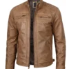 Men Distressed Cafe Camel Brown Racer Leather Jacket