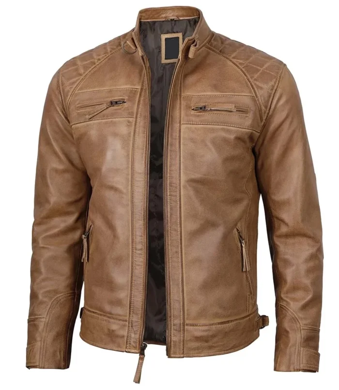 Men Distressed Cafe Camel Brown Racer Leather Jacket