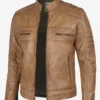 Men Distressed Cafe Tan Racer Real Leather Jacket