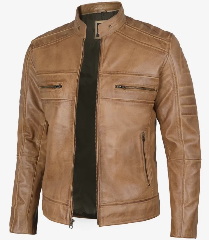 Men Distressed Cafe Tan Racer Real Leather Jacket