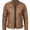 Men's Distressed Camel Brown Cafe Racer Leather Jacket