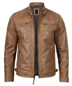 Men's Distressed Camel Brown Cafe Racer Leather Jacket