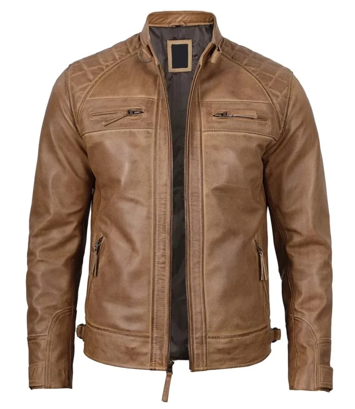 Men's Distressed Camel Brown Cafe Racer Leather Jacket