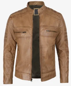 Men's Distressed Tan Cafe Racer Real Leather Jacket