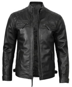 Men's Real Leather Classic Black Cafe Racer Biker Jacket