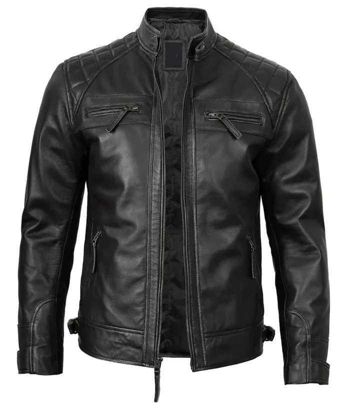 Men's Real Leather Classic Black Cafe Racer Biker Jacket