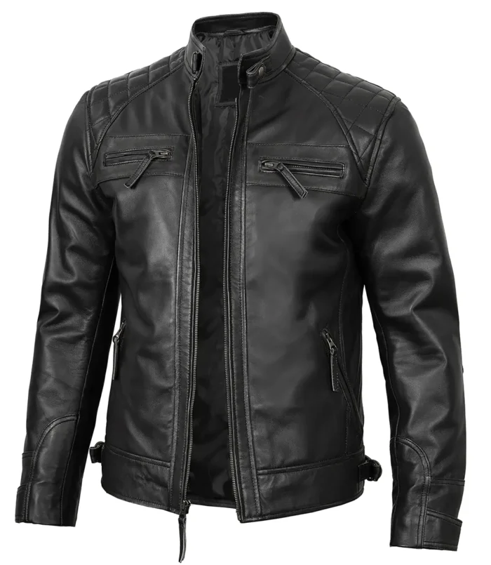 Real Leather Classic Men Black Cafe Racer Biker Jacket